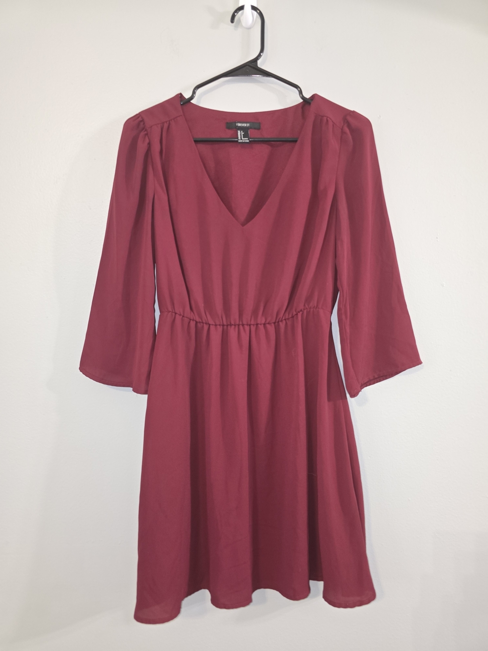Forever 21 Red V-Neck Long Sleeve Fit & Flare Dress